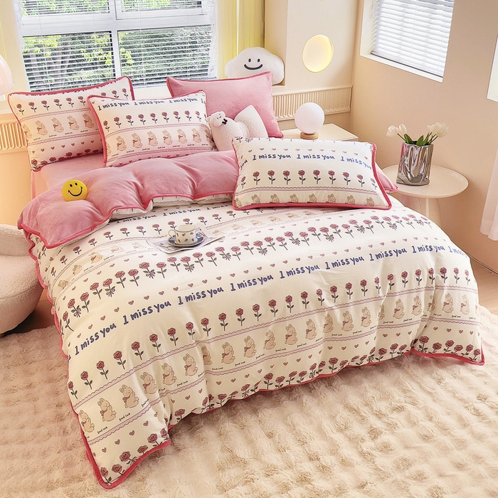 91家纺网 家纺一手货源 找家纺 2024新款全棉加牛奶绒四件套单被套系列-四件套 情缘