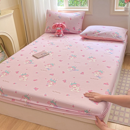 91家纺网 家纺一手货源 找家纺 博雅 2024新款三丽鸥卡通系列全棉印花床笠 花朵美乐蒂