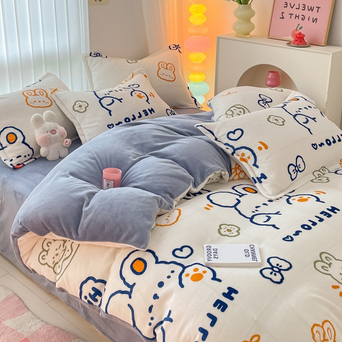 91家纺网 家纺一手货源 找家纺 莱米家纺 2024新款7斤重牛奶绒卡通小版四件套系列 吉祥兔