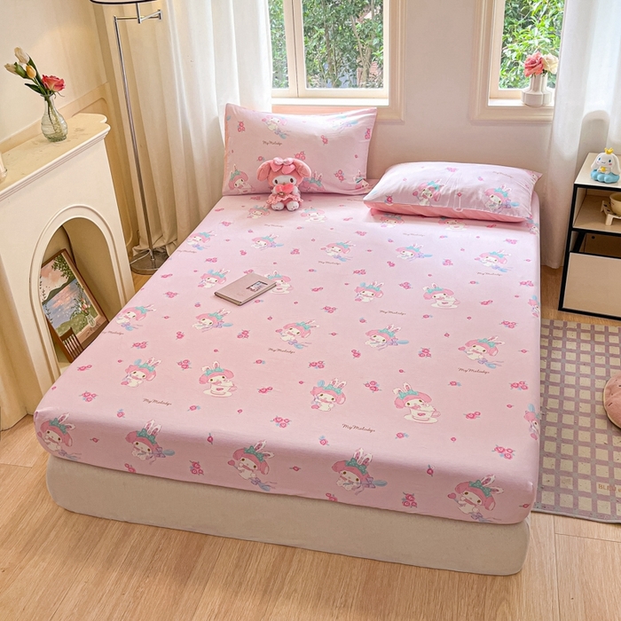 91家纺网 家纺一手货源 找家纺 博雅 2024新款三丽鸥卡通系列全棉印花床笠 花朵美乐蒂