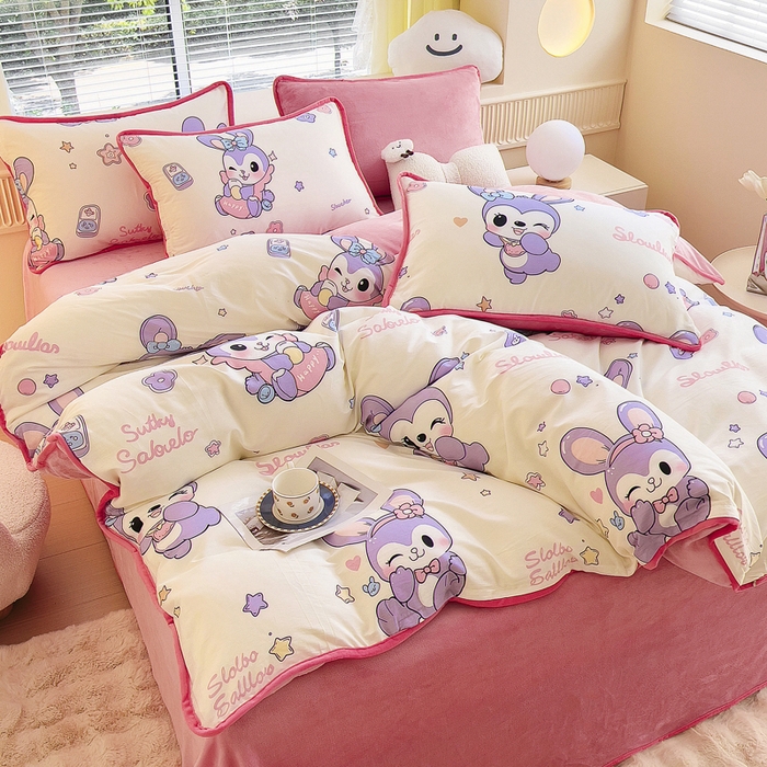 91家纺网 家纺一手货源 找家纺 2024新款全棉加牛奶绒四件套单被套系列-四件套 兔宝贝