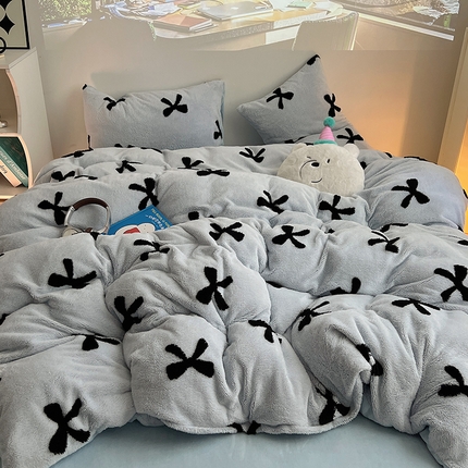2024新款A类加厚色纱舒舒绒提花蝴蝶结爱心少女舒棉绒牛奶绒系列四件套 舒棉绒提花-蓝色蝴蝶结