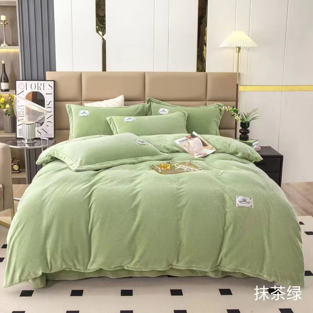 91家纺网 家纺一手货源 找家纺 优姿家纺 2025新款加厚全消光牛奶绒印花四件套 抹茶绿