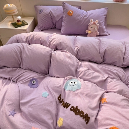 葡萄家 2024新款毛巾绣水洗云朵棉萌系小怪兽四件套 小怪兽-香芋紫