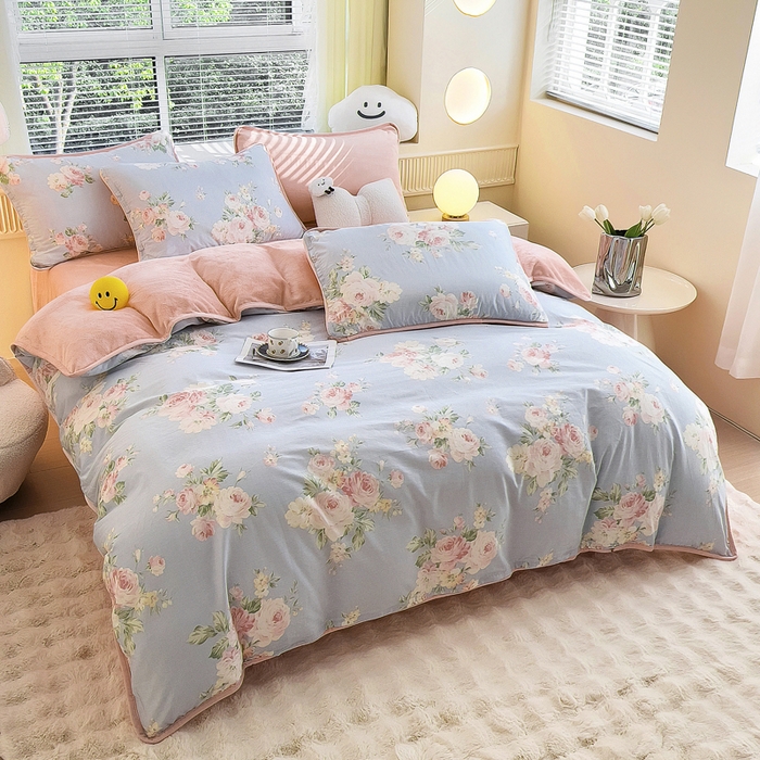 91家纺网 家纺一手货源 找家纺 2024新款全棉加牛奶绒四件套单被套系列-四件套 温婉佳人