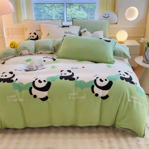 91家纺网 家纺一手货源 找家纺 2024新款全棉加牛奶绒四件套单被套系列-四件套 熊猫乐园