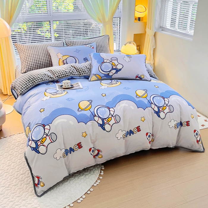 91家纺网 家纺一手货源 找家纺 2024新款全棉加牛奶绒四件套单被套系列-四件套 漫步太空