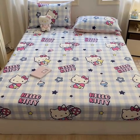 91家纺网 家纺一手货源 找家纺 博雅 2024新款三丽鸥卡通系列全棉印花床笠 气球KT