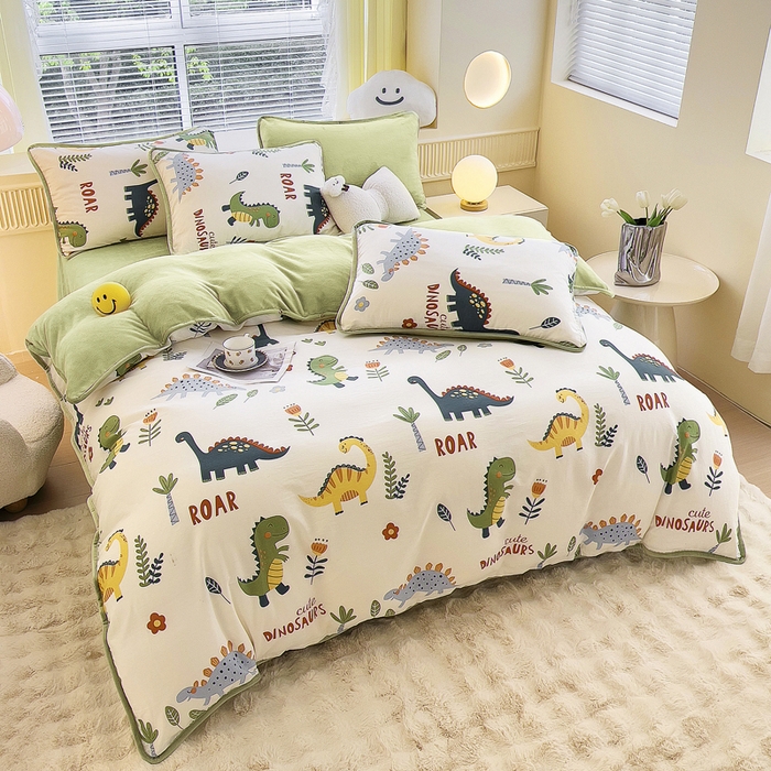 91家纺网 家纺一手货源 找家纺 2024新款全棉加牛奶绒四件套单被套系列-四件套 恐龙谷