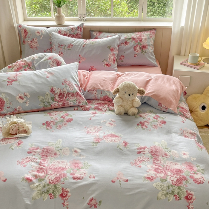 91家纺网 家纺一手货源 找家纺 琪格格纺织 2024新款纯棉13070小清新四件套 花漫晨-粉