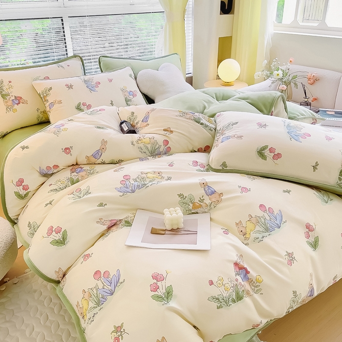 91家纺网 家纺一手货源 找家纺 2024新款全棉加牛奶绒四件套单被套系列-四件套 蘑菇屋