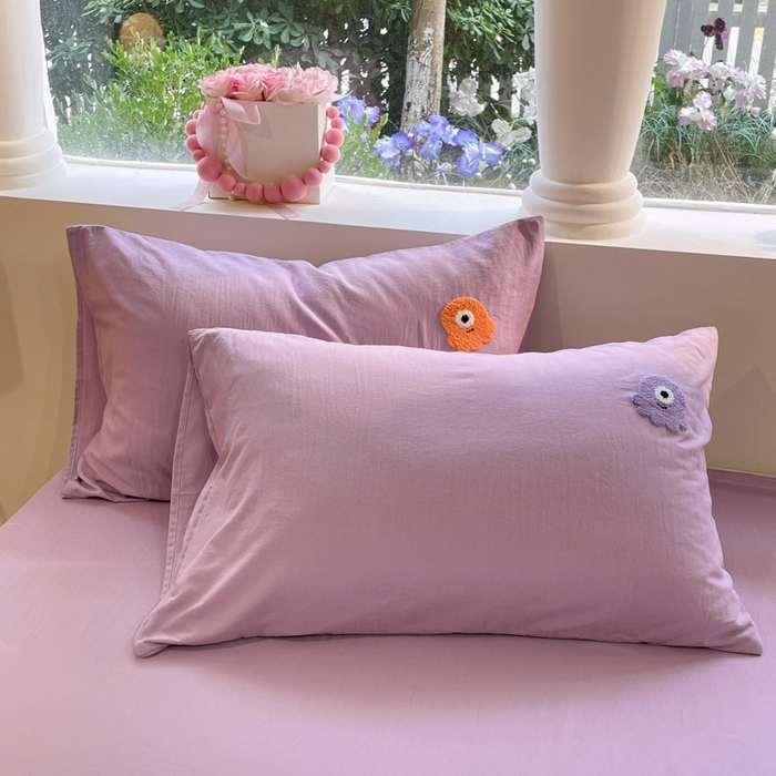 91家纺网 家纺一手货源 找家纺 葡萄家 2024新款毛巾绣水洗云朵棉萌系小怪兽四件套 小怪兽-香芋紫