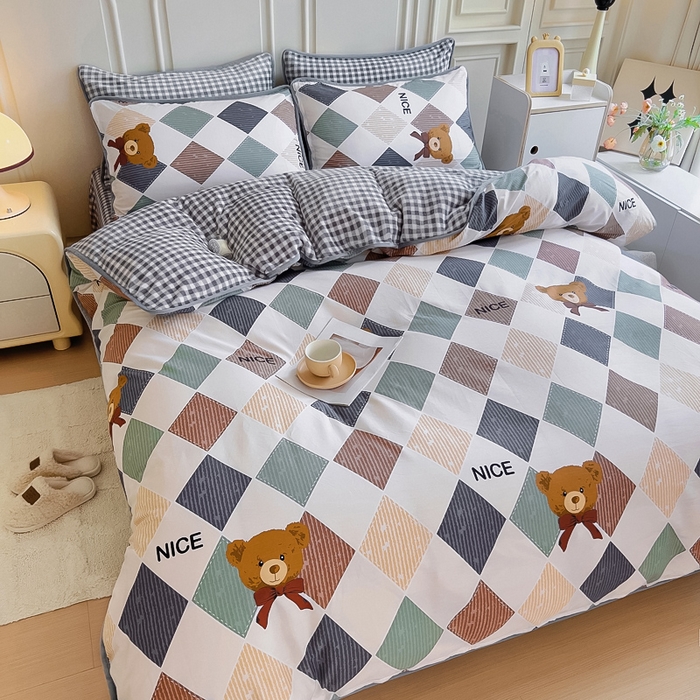 91家纺网 家纺一手货源 找家纺 2024新款全棉加牛奶绒四件套单被套系列-四件套 幸运熊