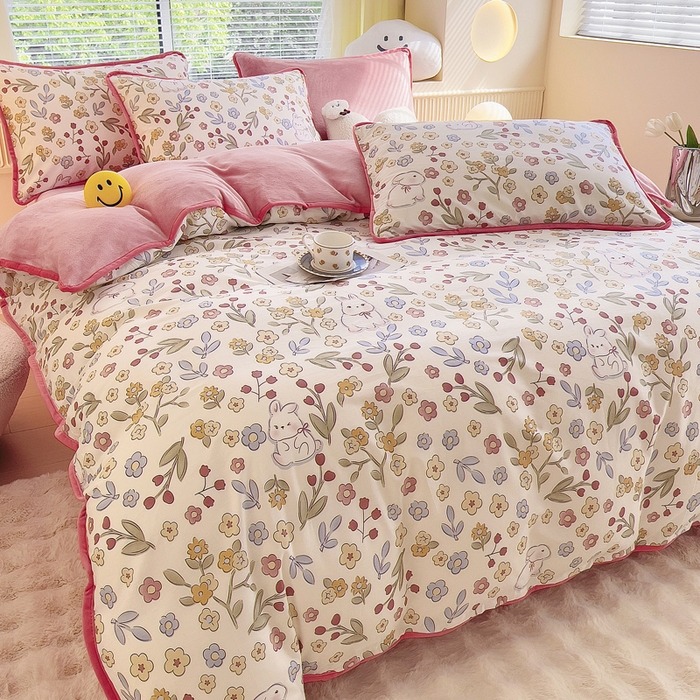 91家纺网 家纺一手货源 找家纺 2024新款全棉加牛奶绒四件套单被套系列-四件套 花语小兔