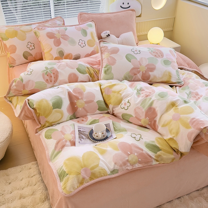 91家纺网 家纺一手货源 找家纺 2024新款全棉加牛奶绒四件套单被套系列-四件套 恋恋花语