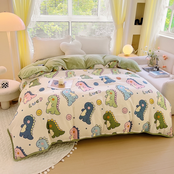 91家纺网 家纺一手货源 找家纺 2024新款全棉加牛奶绒四件套单被套系列-单被套 恐龙家族