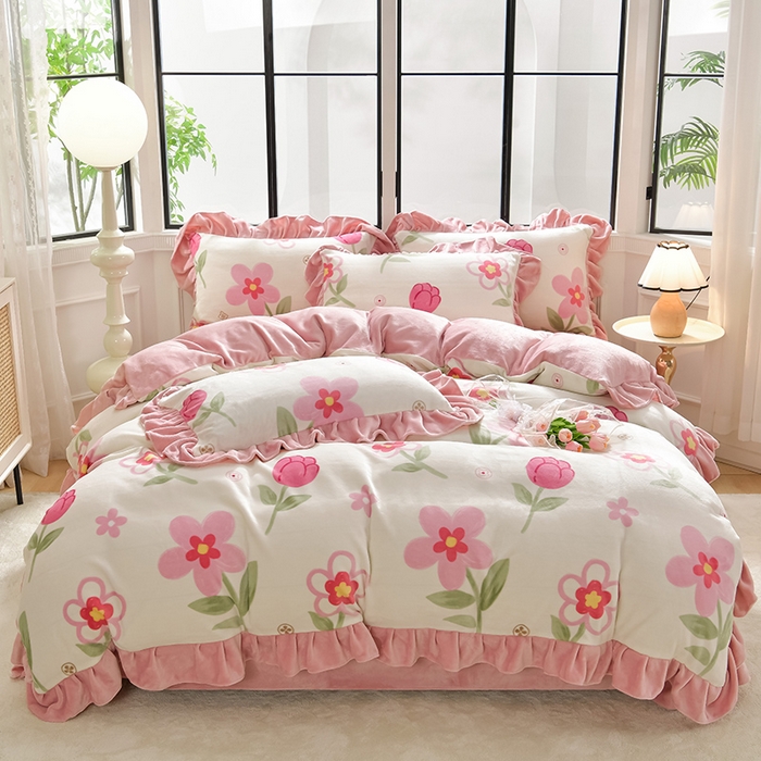 91家纺网 家纺一手货源 找家纺 妮恒美 2024新款韩版牛奶绒四件套 香水百合