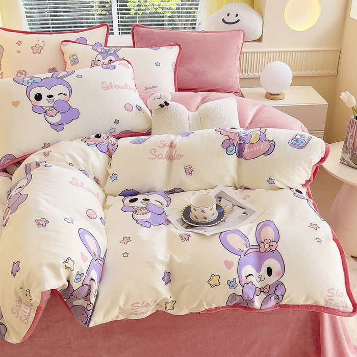 91家纺网 家纺一手货源 找家纺 2024新款全棉加牛奶绒四件套单被套系列-四件套 兔宝贝