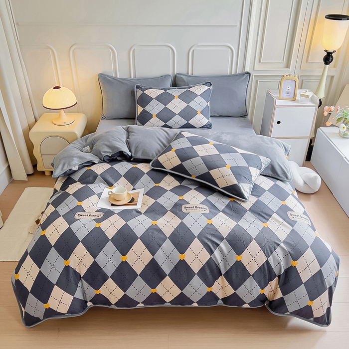 91家纺网 家纺一手货源 找家纺 2024新款全棉加牛奶绒四件套单被套系列-四件套 格韵空间