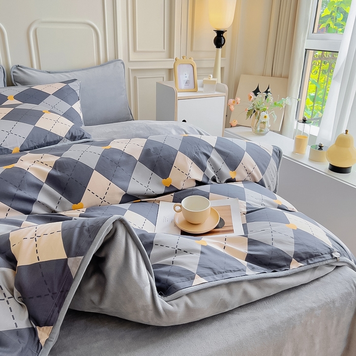 91家纺网 家纺一手货源 找家纺 2024新款全棉加牛奶绒四件套单被套系列-四件套 格韵空间