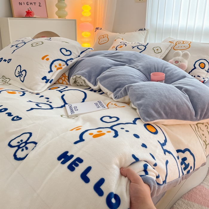 91家纺网 家纺一手货源 找家纺 莱米家纺 2024新款7斤重牛奶绒卡通小版四件套系列 吉祥兔