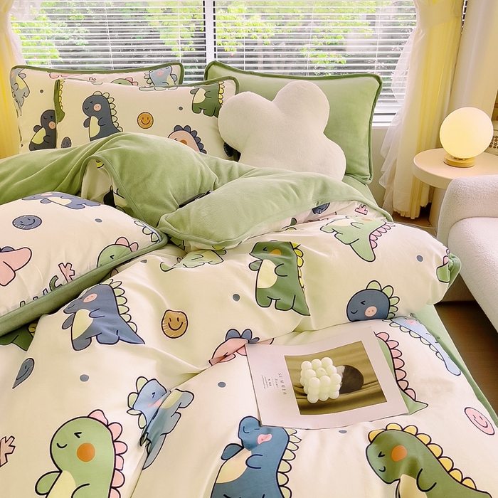91家纺网 家纺一手货源 找家纺 2024新款全棉加牛奶绒四件套单被套系列-四件套 恐龙家族