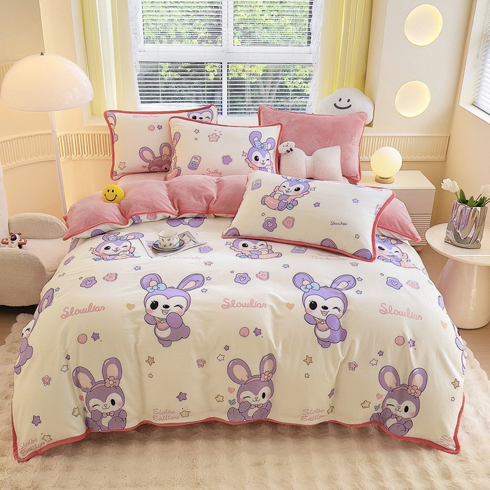 91家纺网 家纺一手货源 找家纺 2024新款全棉加牛奶绒四件套单被套系列-四件套 兔宝贝