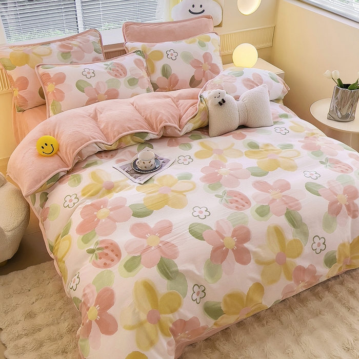 91家纺网 家纺一手货源 找家纺 2024新款全棉加牛奶绒四件套单被套系列-四件套 恋恋花语