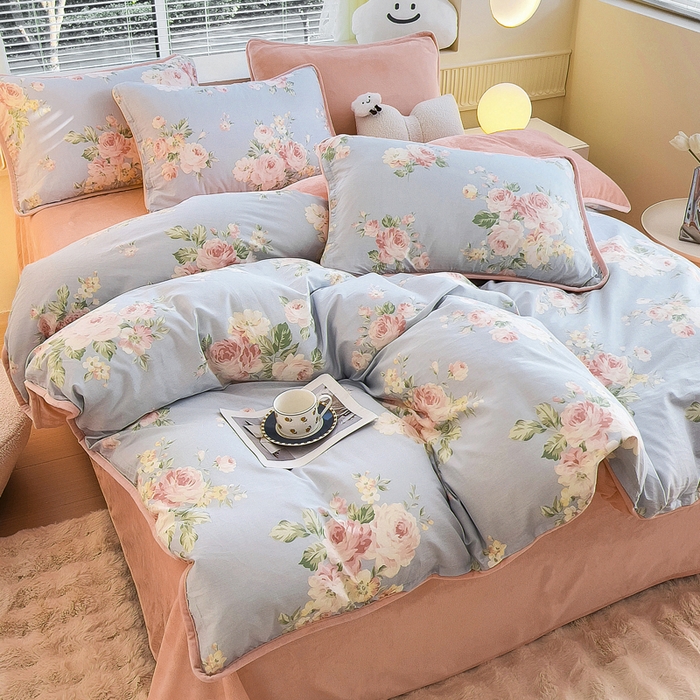 91家纺网 家纺一手货源 找家纺 2024新款全棉加牛奶绒四件套单被套系列-四件套 温婉佳人