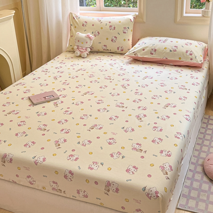 91家纺网 家纺一手货源 找家纺 博雅 2024新款三丽鸥卡通系列全棉印花床笠 可爱KT
