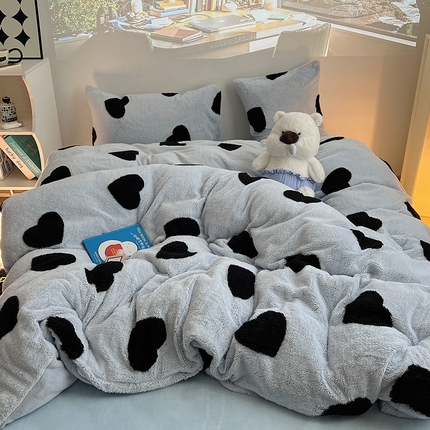 2024新款A类加厚色纱舒舒绒提花蝴蝶结爱心少女舒棉绒牛奶绒系列四件套 舒棉绒提花-蓝色爱心