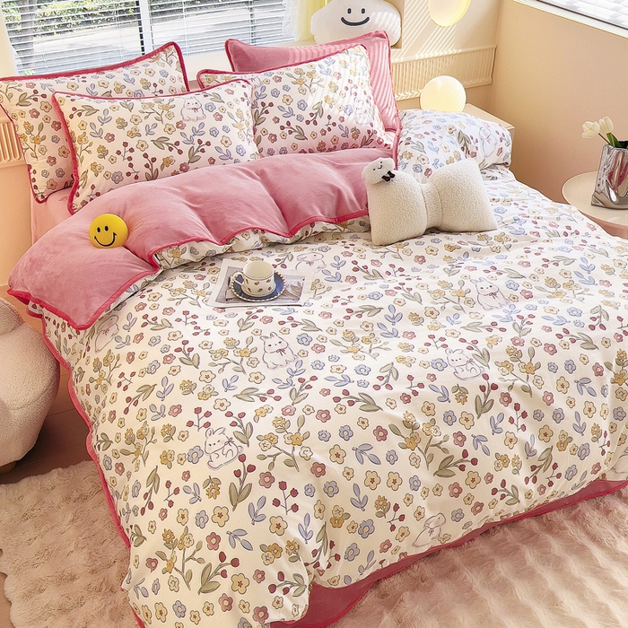 91家纺网 家纺一手货源 找家纺 2024新款全棉加牛奶绒四件套单被套系列-四件套 花语小兔