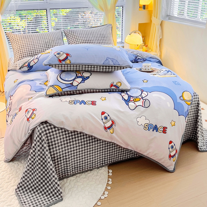 91家纺网 家纺一手货源 找家纺 2024新款全棉加牛奶绒四件套单被套系列-四件套 漫步太空