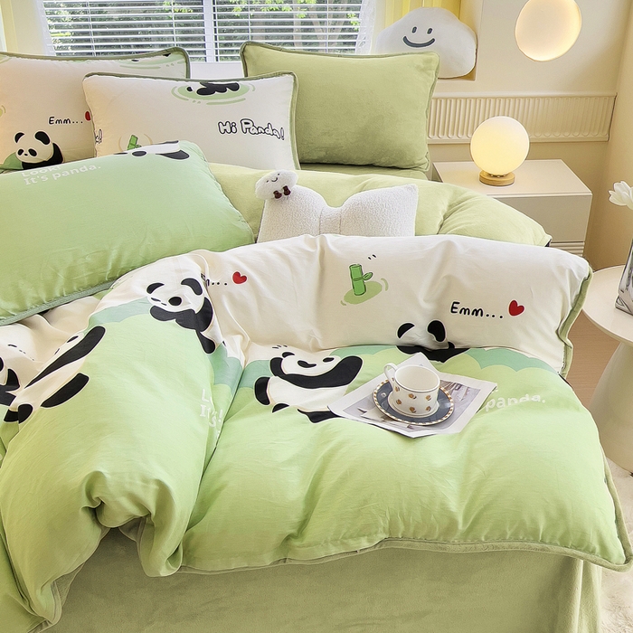 91家纺网 家纺一手货源 找家纺 2024新款全棉加牛奶绒四件套单被套系列-四件套 熊猫乐园