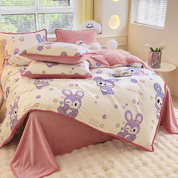 91家纺网 家纺一手货源 找家纺 2024新款全棉加牛奶绒四件套单被套系列-四件套 兔宝贝