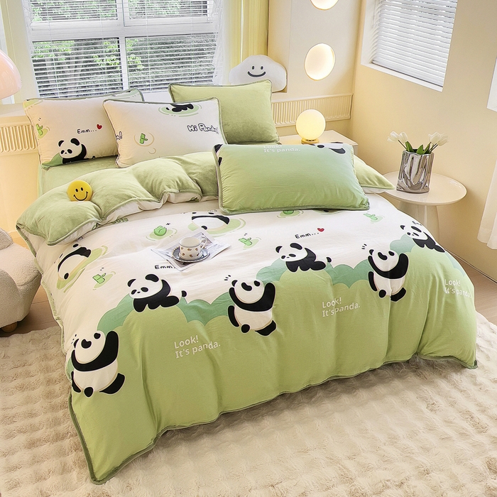 91家纺网 家纺一手货源 找家纺 2024新款全棉加牛奶绒四件套单被套系列-四件套 熊猫乐园