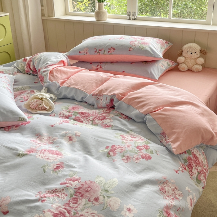 91家纺网 家纺一手货源 找家纺 琪格格纺织 2024新款纯棉13070小清新四件套 花漫晨-粉