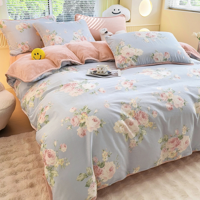 91家纺网 家纺一手货源 找家纺 2024新款全棉加牛奶绒四件套单被套系列-四件套 温婉佳人