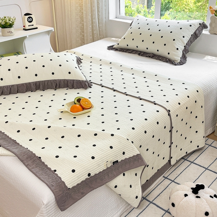 91家纺网 家纺一手货源 找家纺 暖居 2024新款韩系大包边双面纯棉床盖 经典小波点