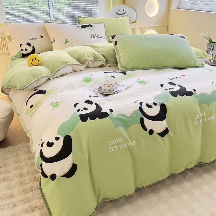 91家纺网 家纺一手货源 找家纺 2024新款全棉加牛奶绒四件套单被套系列-四件套 熊猫乐园