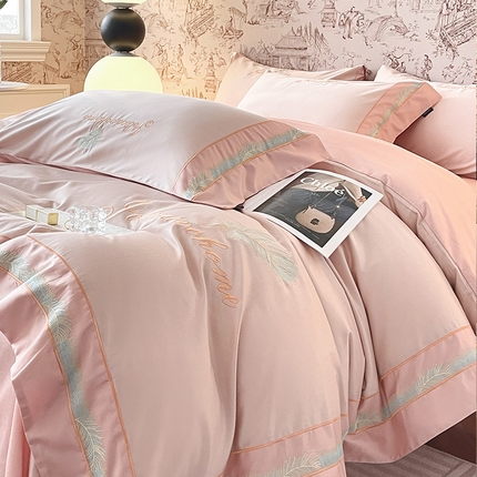 91家纺网 家纺一手货源 找家纺  A类母婴级100支长绒棉四件套全棉纯棉重工刺绣轻奢风床单被套秋冬季四件套 寐羽-落樱粉