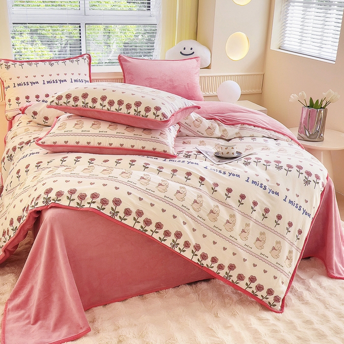 91家纺网 家纺一手货源 找家纺 2024新款全棉加牛奶绒四件套单被套系列-四件套 情缘