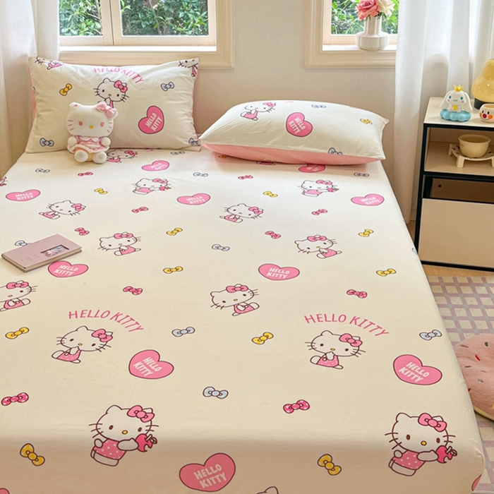 91家纺网 家纺一手货源 找家纺 博雅 2024新款三丽鸥卡通系列全棉印花床笠 蝴蝶结KT