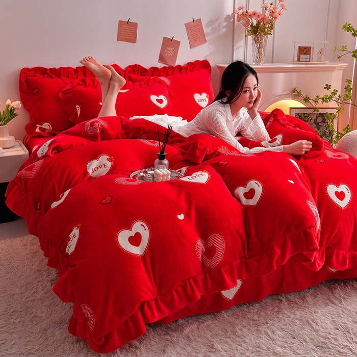 91家纺网 家纺一手货源 找家纺 妮恒美 2024新款韩版牛奶绒四件套 星语心愿-大红