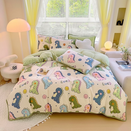 2024新款全棉加牛奶绒四件套单被套系列-四件套 恐龙家族