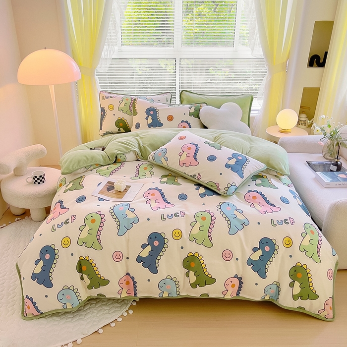 91家纺网 家纺一手货源 找家纺 2024新款全棉加牛奶绒四件套单被套系列-四件套 恐龙家族