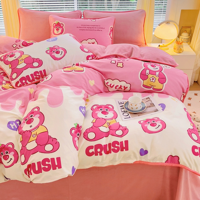 91家纺网 家纺一手货源 找家纺 2024新款全棉加牛奶绒四件套单被套系列-四件套 草莓甜心