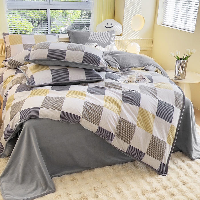 91家纺网 家纺一手货源 找家纺 2024新款全棉加牛奶绒四件套单被套系列-四件套 塞纳风尚