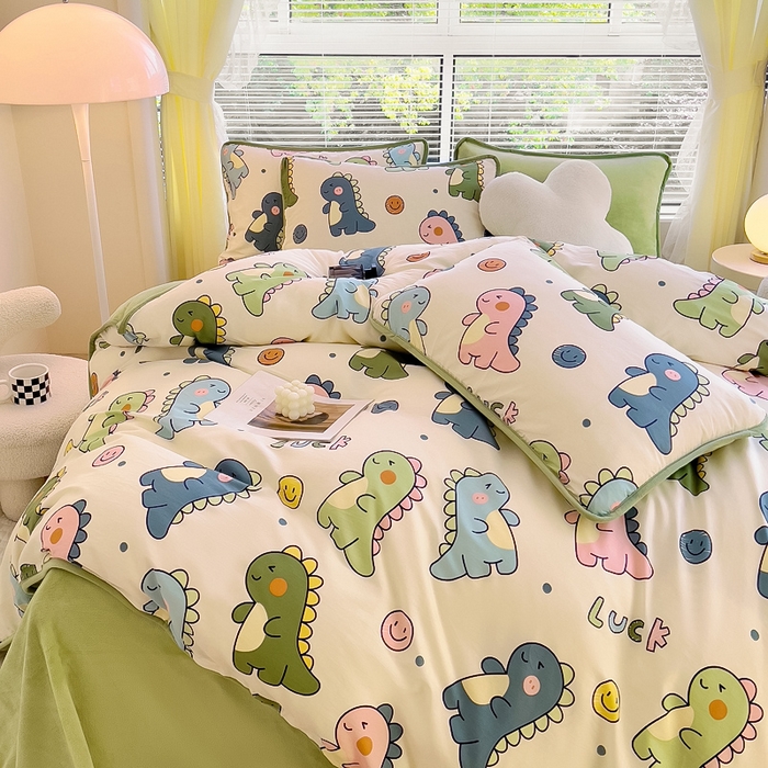 91家纺网 家纺一手货源 找家纺 2024新款全棉加牛奶绒四件套单被套系列-四件套 恐龙家族
