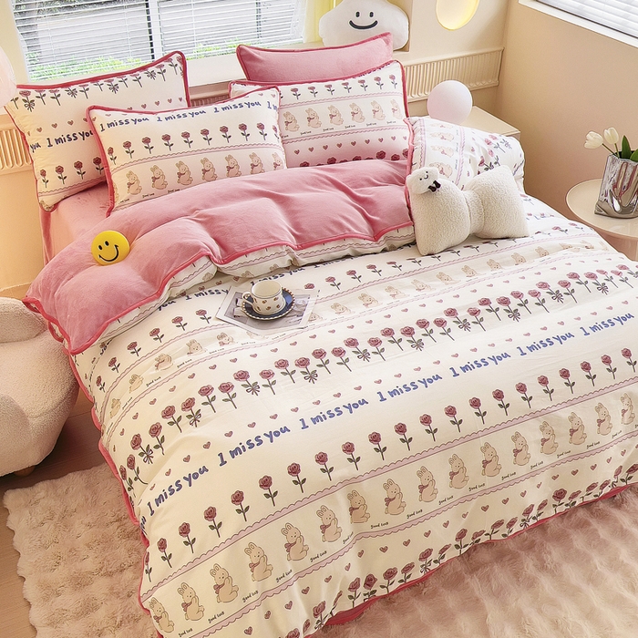 91家纺网 家纺一手货源 找家纺 2024新款全棉加牛奶绒四件套单被套系列-四件套 情缘